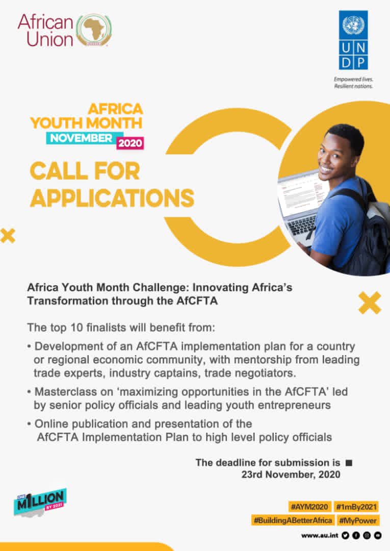 AUYouthProgram's tweet photo. Today we kick off the #AYM2020 Entrepreneurship week with an exciting policy challenge! 😃

Are you a young innovator in the policy development space? 
If so, this one is for you! Make sure to head over to https://t.co/Ki7LZn8ZuZ and apply! #BuildingABetterAfrica #MyPower https://t.co/yaRWoTA03u