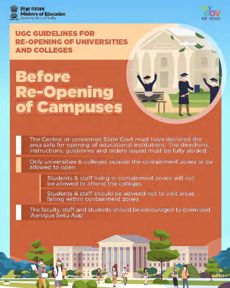 AICTE_INDIA's tweet photo. #AICTEdge

#UGCGuidelines for Reopening of #Universities &amp; #Colleges @ugc_india 

For details, please refer: https://t.co/LxK4wMuFtT

Infographics credit: @EduMinOfIndia @mygovindia https://t.co/qAULTV2mxw