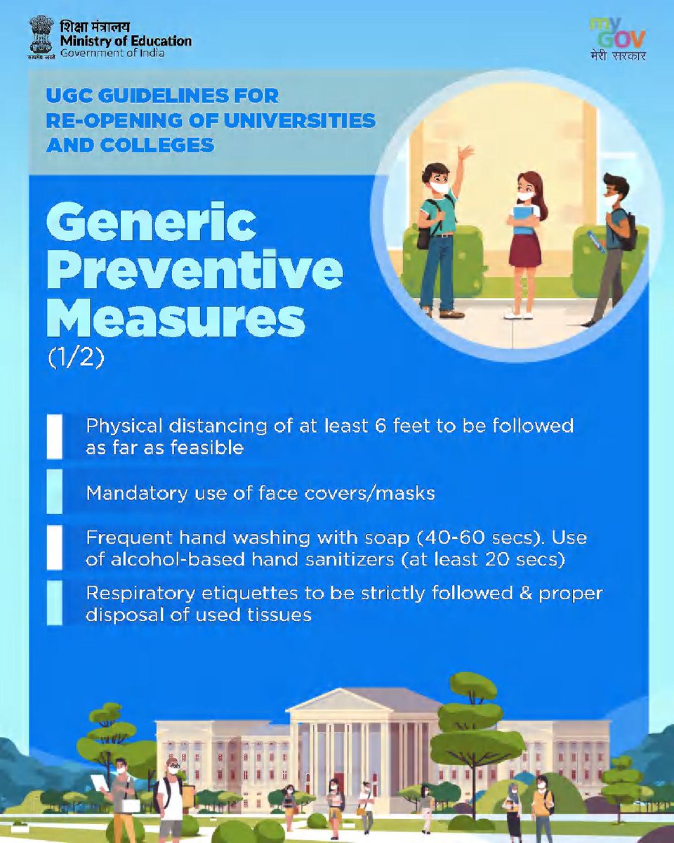 AICTE_INDIA's tweet photo. #AICTEdge

#UGCGuidelines for Reopening of #Universities &amp; #Colleges @ugc_india 

For details, please refer: https://t.co/LxK4wMuFtT

Infographics credit: @EduMinOfIndia @mygovindia https://t.co/qAULTV2mxw