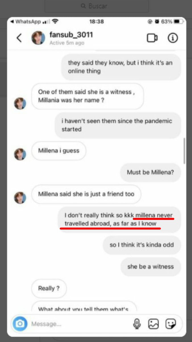 ii) rafa said they don't have personal contact w the op and they only know her through a gc where they talked about stay kids (pic 6) but her sister millena posted that she's a witness (pic 7) and according to Thais (rafa's friend) Millena never went outside Brazil