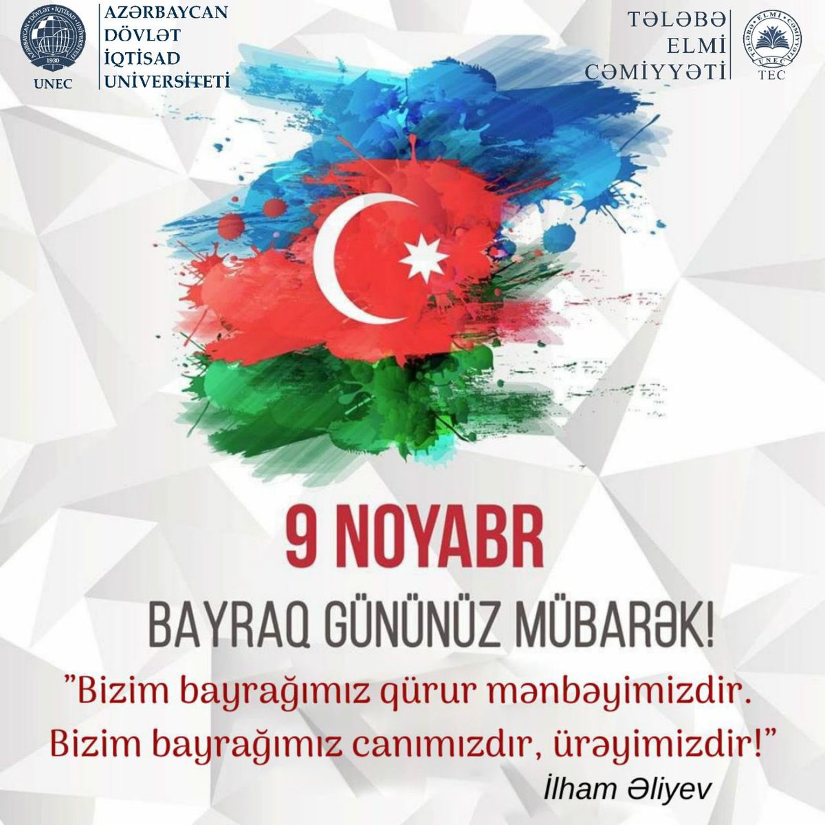 🇦🇿 İllər sonra Bayrağımız yenidən Azərbaycanın tarixi, doğma yurdlarında - Cəbrayılda, Füzulidə, Zəngilanda,Qubadlıda və möhtəşəm Şuşamızda dalğalanır!
UNEC TEC olaraq hər kəsi Bayraq Günü münasibətilə təbrik edir və Qarabağın bütün müqəddəs güşələrində ucaldılmasını arzu edirik!