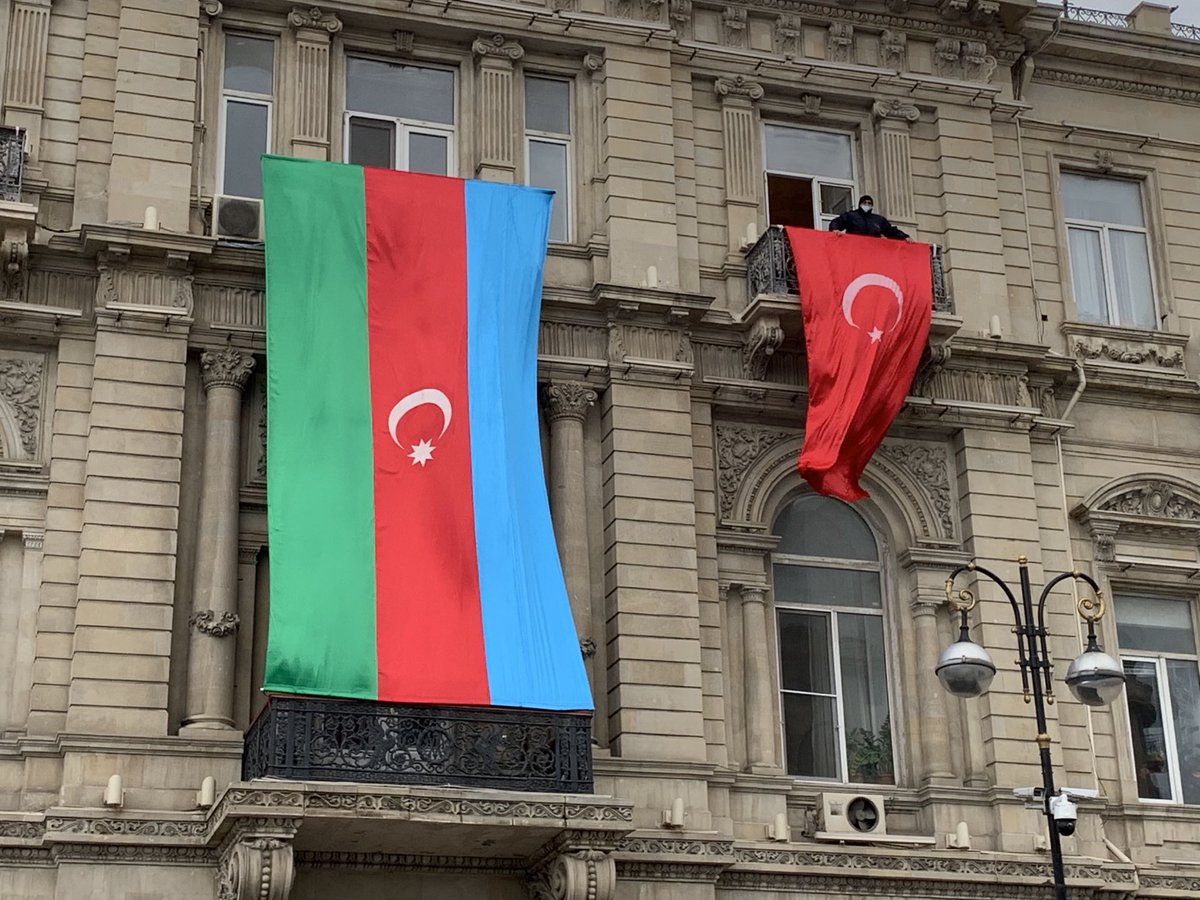 OrlaGuerin's tweet photo. #Azerbaijan Celebrations in Baku after capture of key town in #NagornoKarabakh, known as #Shusha to #Azerbaijanis.  #Armenia denies it’s been lost but civilians are fleeing the area. https://t.co/HUQcc6kdtM