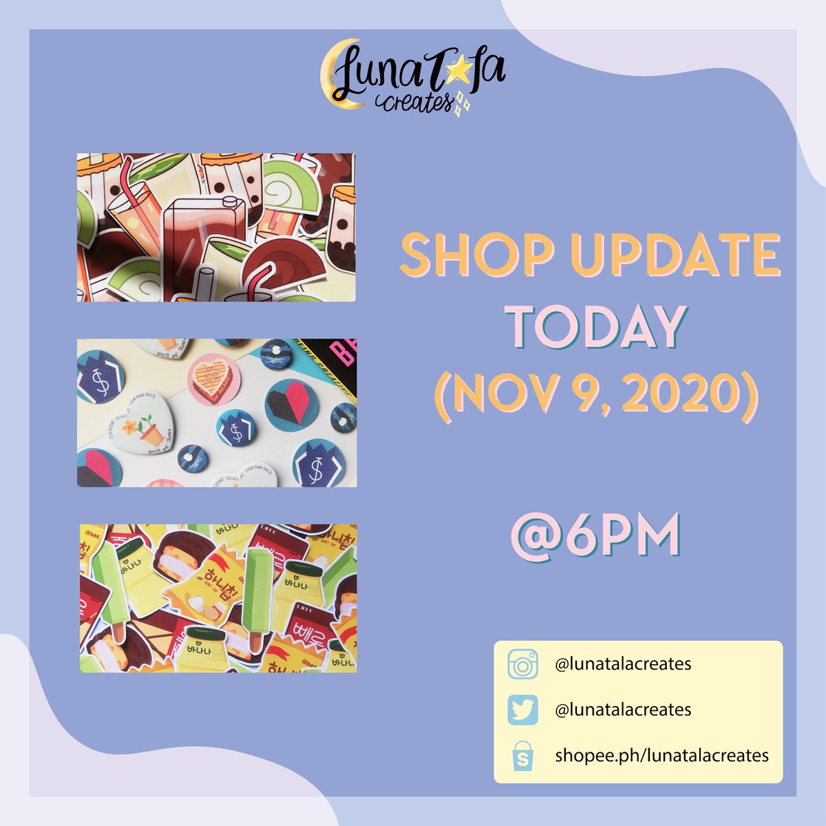 lunatalacreates's tweet photo. We’re adding new designs later at 6PM! ❤️ Make sure to check us out on all our social media accounts! Order on shopee &amp; get discount vouchers for a limited time only! 😉😘

#stickersph #bujoph #handmadeph #handcraftedph  #supportsmallbusiness #supportlocal
#artph https://t.co/FI0ejnDRbu