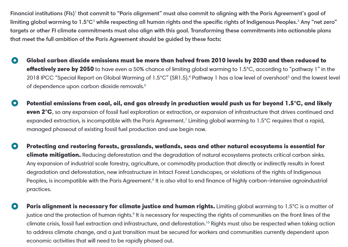 . @RAN also published principles, supported by many NGOs, to set out their expectations. Includes a deadline of COP26 (ie late 2021, probably).  https://www.ran.org/wp-content/uploads/2020/09/RAN_Principles_for_Paris-Aligned_Financial_Institutions.pdf