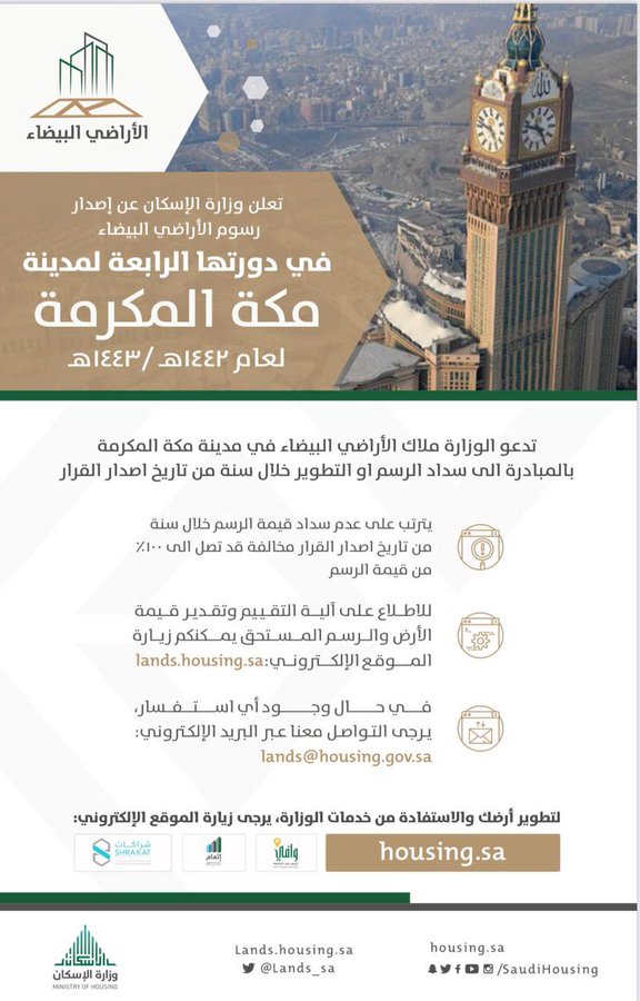 الإسكان السعودية تصدر رسوم الأرضي البيضاء في دورتها الرابعة لمدينة مكة معلومات مباشر