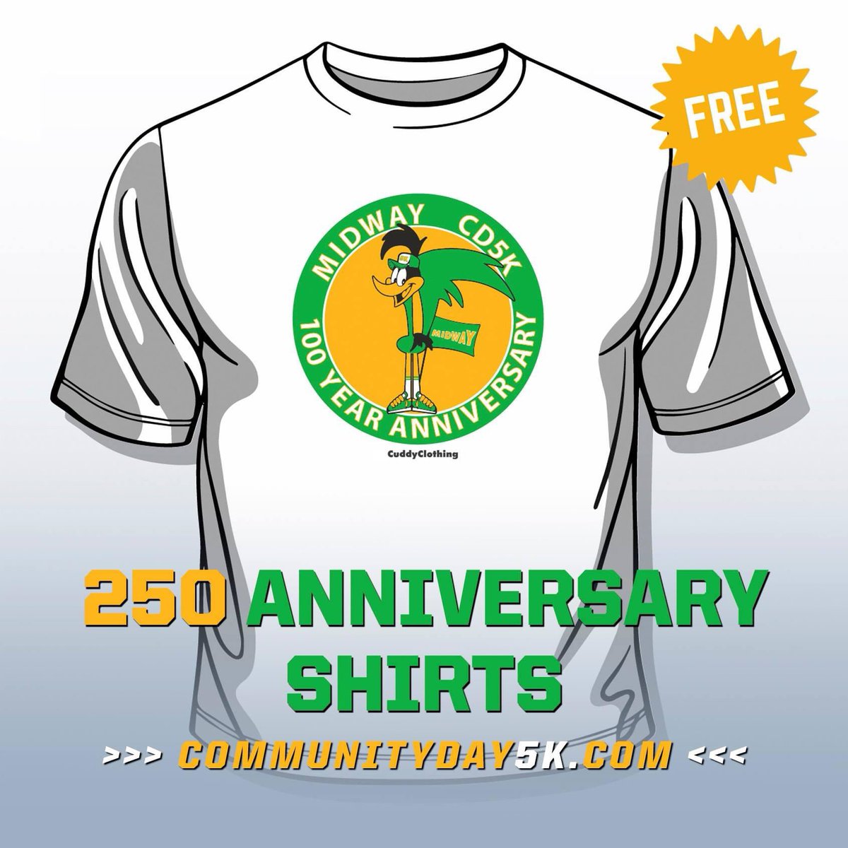 Check out the 💯th Anniversary #MidwayCD5K t-shirt featuring our beloved Road Runner mascot... 👕 Design by <a href="/CuddyClothing/">CuddyClothing</a>

They’re FREE for the first 250 registered participants.

Visit 👉🏽 CommunityDay5K.com and Sign Up Now!