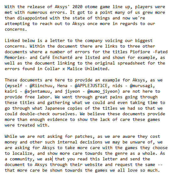Riinchuu's tweet photo. [RT❤️]

Hi everyone, 
Since CxmU, Aksys’s releases for Piofiore &amp; Café Enchanté have been riddled with errors.
We (5 ppl) wrote a statement about the state of their recent releases.
We’d greatly appreciate it if you could read and share this.
#otomearmada
https://t.co/tI6sx1Fvo9 https://t.co/FnxbQwS5tw