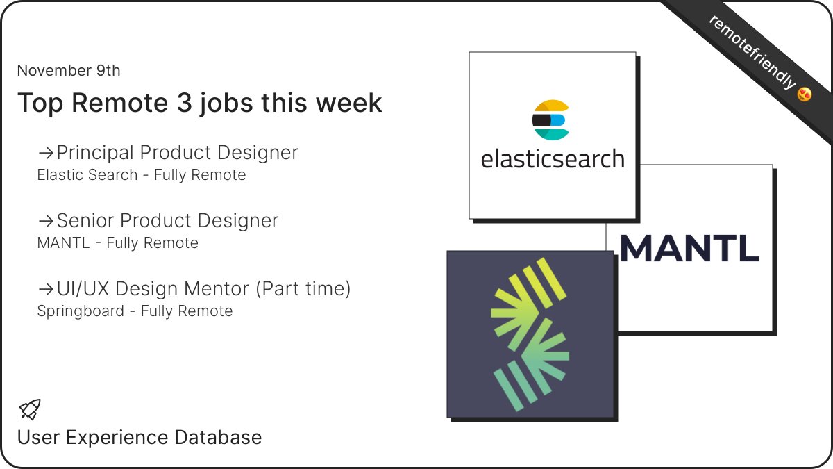 uxdatabase's tweet image. These are the top #remote #product #jobs this week 🔥 

Principal Product Designer @elastic
buff.ly/2JNlRLM

Senior Product Designer @Mantl_tech 
buff.ly/38n64xf

UI/UX Design Mentor (Part time) @Springboard 
buff.ly/3fvMxMd

@IA_UXJOBS #ux #design #uxjobs