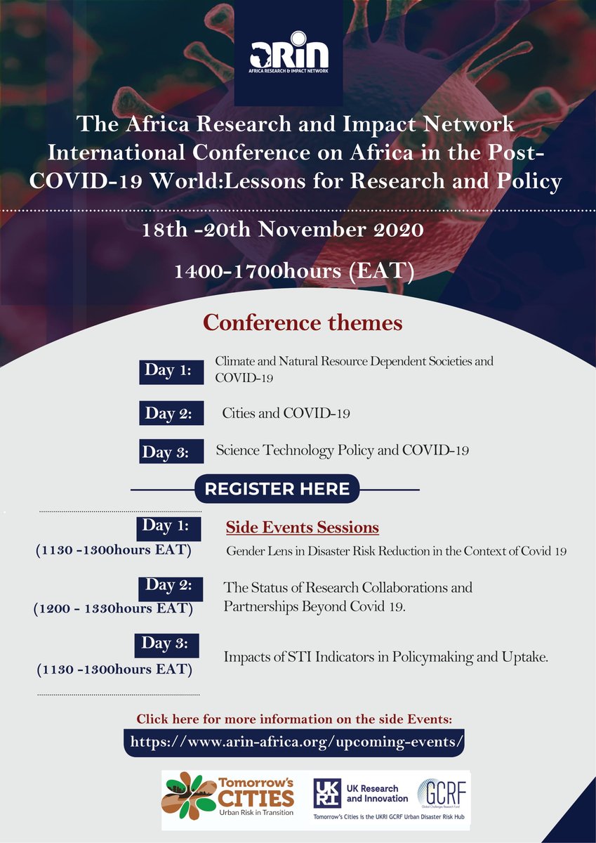 arin_africa's tweet image. Save the Date!

18th-20th Nov 2020 at 2-5PM(EAT)
@arin_africa invites you to its upcoming 1st Inaugural International Conference on #Africa in the #postcovidworld: Lessons for Research and Policy. 

Register here👉bit.ly/2JLC4RB

For Side Event👇
arin-africa.org/upcoming-events