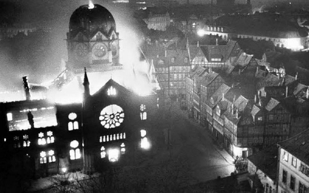 A synagogue in Hanover, Germany, set ablaze during the #Kristallnacht pogrom of November 9-10, 1938. During this horrific violence, the Nazis led people to destroy Jewish businesses, buildings and synagogues throughout Germany and parts of Austria. We remember.
