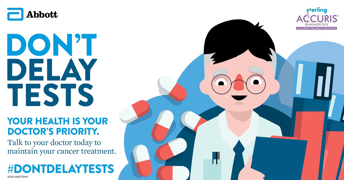 SterlingAccuris's tweet photo. People suffering from diseases like cancer need to keep in touch with their doctors as it is the doctors’ priority to keep the patients healthy. Delaying your routine health check ups will only make the condition worse.
#DontDelayTests

 #prioritizehealthcare #abbottglobal https://t.co/WYWTxsAhEY