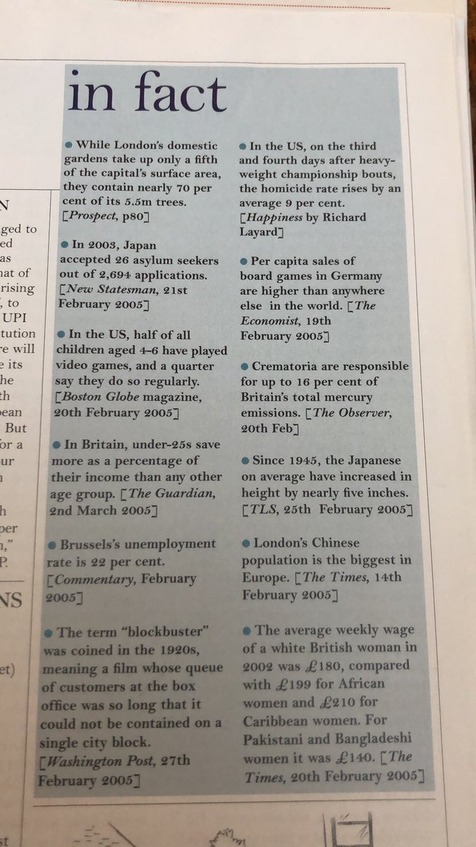 April 2005.Domestic gardens in London: 20% of the space, 70% of the trees.On the 3rd & 4th days after a heavyweight prize fight, the US homicide rate jumps 9%.