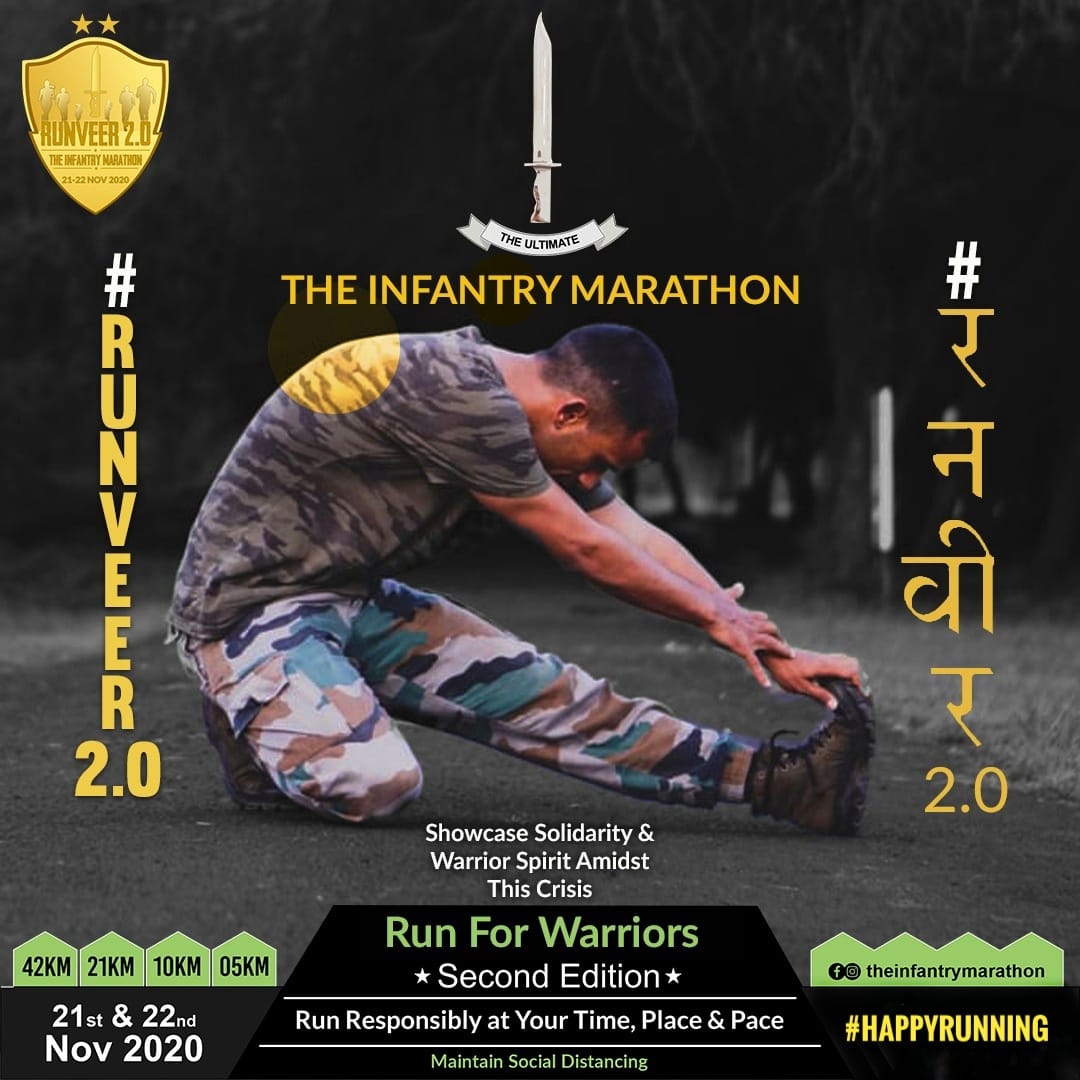 adgpi's tweet photo. THE INFANTRY MARATHON "RUNVEER 2.0" is being organised by #InfantrySchool, #Mhow on 21-22 Nov 2020. Run for warriors and encourage others.(1/2)
#StaySafe 
#HappyRunning
#IndianArmy https://t.co/WmiwOjZN5f