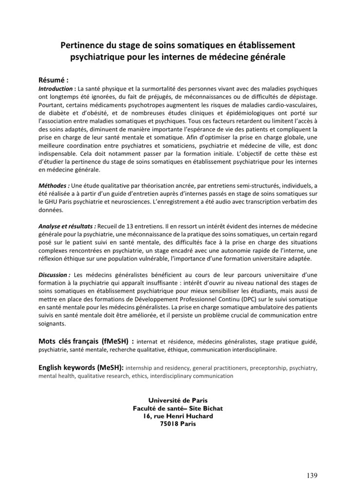 CedricBornes's tweet image. Stage d’ailleurs très apprécié par les internes du @GhuParis comme l’a montré Laetitia LY dans sa thèse 

« Pertinence du stage de soins somatiques en établissement psychiatrique pour les internes de médecine générale » @DMG_UParis @Univ_Paris