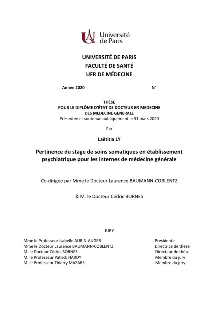 CedricBornes's tweet image. Stage d’ailleurs très apprécié par les internes du @GhuParis comme l’a montré Laetitia LY dans sa thèse 

« Pertinence du stage de soins somatiques en établissement psychiatrique pour les internes de médecine générale » @DMG_UParis @Univ_Paris