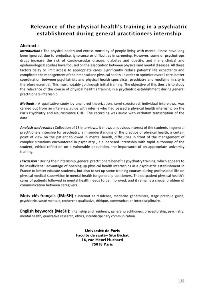 CedricBornes's tweet image. Stage d’ailleurs très apprécié par les internes du @GhuParis comme l’a montré Laetitia LY dans sa thèse 

« Pertinence du stage de soins somatiques en établissement psychiatrique pour les internes de médecine générale » @DMG_UParis @Univ_Paris