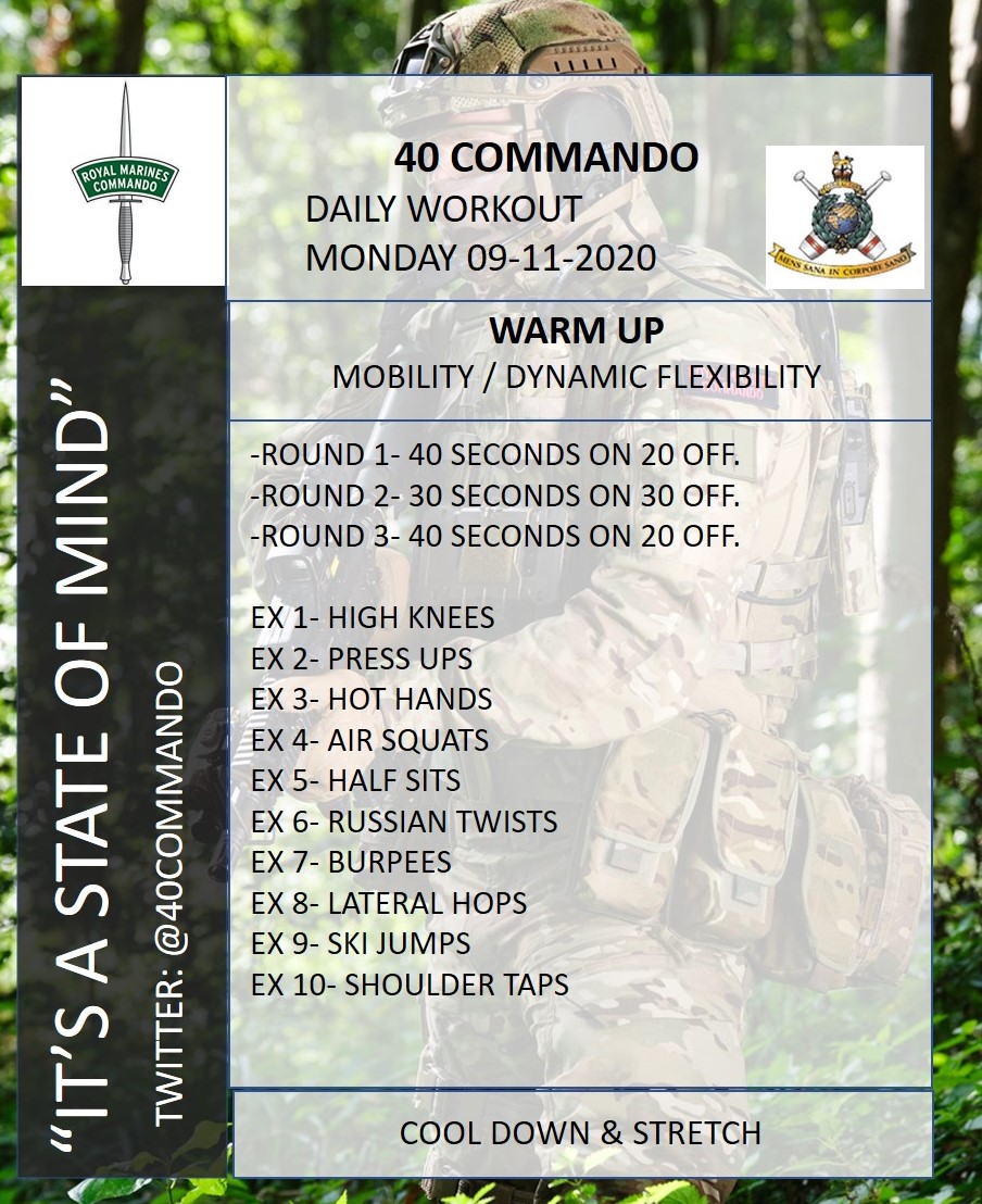40commando's tweet image. The 40 Cdo workouts of the day have returned to help with your #lockdownphys needs.

The first session is a timed circuit that hits all muscle groups as well as elevating heart rate and increasing metabolic rate.

Have fun!