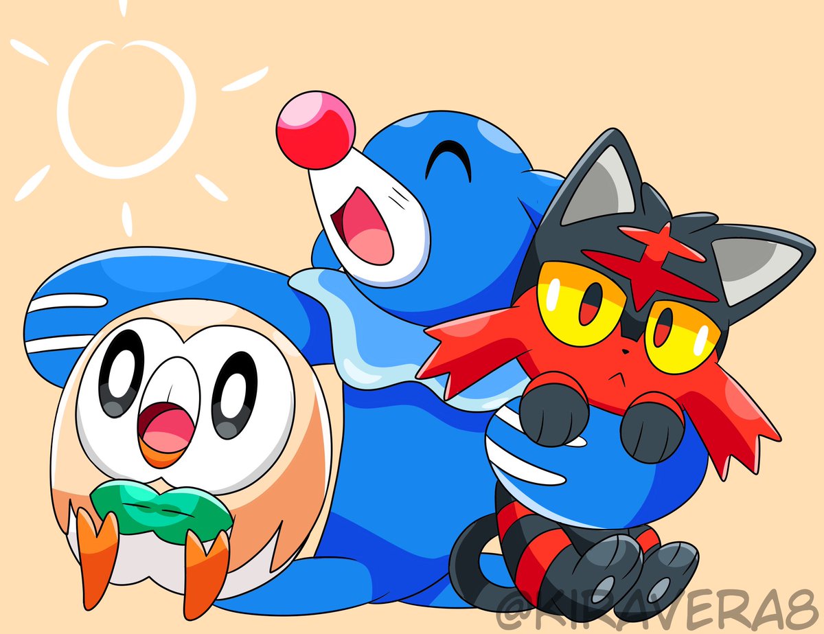 litten ,popplio ,rowlet pokemon (creature) no humans open mouth starter pokemon trio closed eyes yellow sclera sitting  illustration images