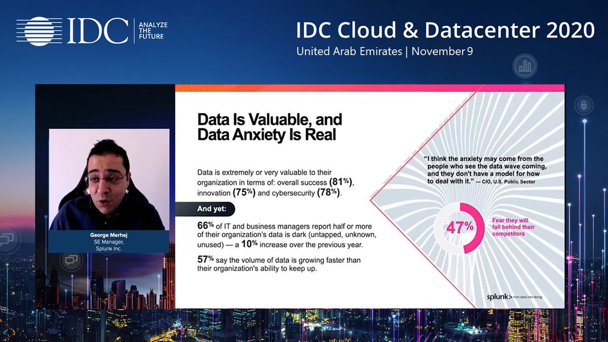 IDCMEA's tweet photo. Cloud-y Vision: Avoiding the Storm | #Data is valuable and #dataanxiety is real with George Merhej, SE Manager, @splunk Inc. #IDCCLOUDDC #UAE #IDCDigital https://t.co/X4mziY4vLY