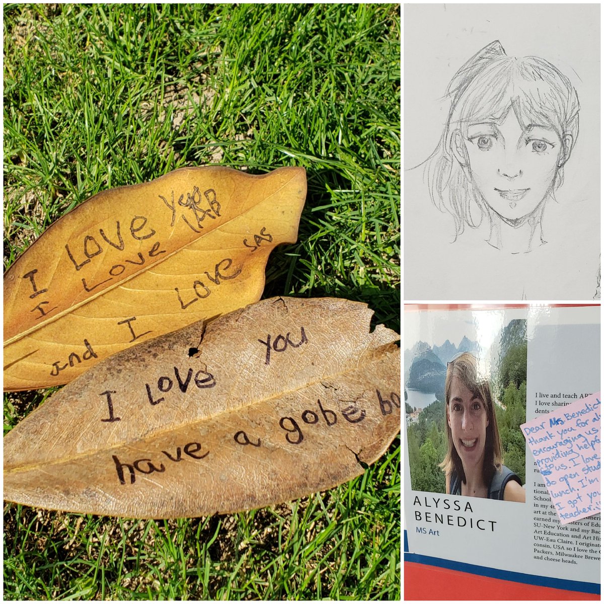 AlyssaMBenedict's tweet photo. Kinder outdoor love letters, an art student drawn portrait of me, &amp; MS student thank you notes = a happy school &amp; teacher #saspudong @SASchina #art https://t.co/EJ7CjB3Yiy