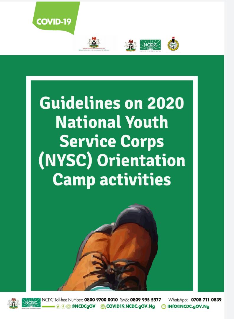The guidelines for the safe reopening of the 2020 National Youth Service Corps (NYSC) orientation course has been developed by <a href="/officialnyscng/">NYSC NDHQ</a> in collaboration with @PTFCOVID19 &amp; <a href="/NCDCgov/">NCDC</a>.

Access full guidelines via: covid19.ncdc.gov.ng/guideline/