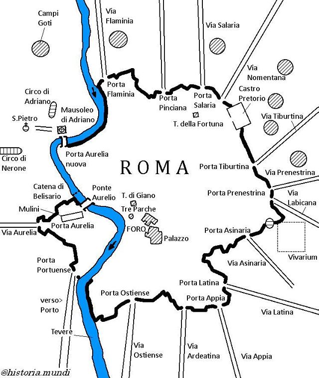 Belisario ha cinquemila soldati al suo comando, on l'immane compito di difendere le lunghissime mura aureliane. All’interno della città ci sono centinaia di migliaia di bocche da sfamare. Fuori, decine di migliaia di Goti.Mappa di Roma durante l'assedio: