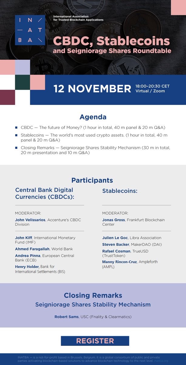 INATBA_org's tweet photo. 📣November 12! Our Finance Working Group is holding a Roundtable discussion on #CBDC, #Stablecoins and #Seigniorage, featuring experts from @ECB and @IMFNews and other leading firms! Join us here: https://t.co/t3tMkzQQvq https://t.co/baJA06mzu7