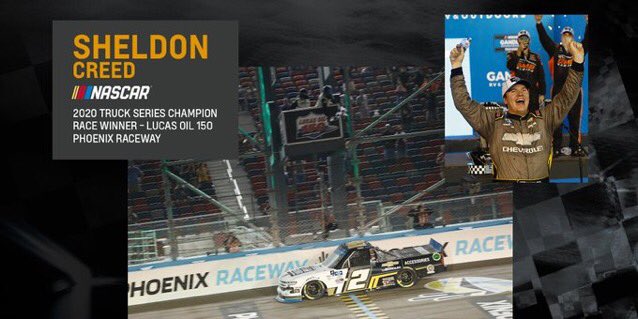 CampbellJim's tweet photo. @sheldoncreed and  @JeffStankiewicz make call to pit for 4 tires. Restart 9th for final laps. 9-8-7-6-5-4-3-2-1 to the lead ... the win and 2020 @NASCAR_Trucks championship! Congrats Sheldon, Jeff and #2 @GMSRacingLLC Silverado team! #NeverGiveUp #DriversEdge https://t.co/puVObCRdxm
