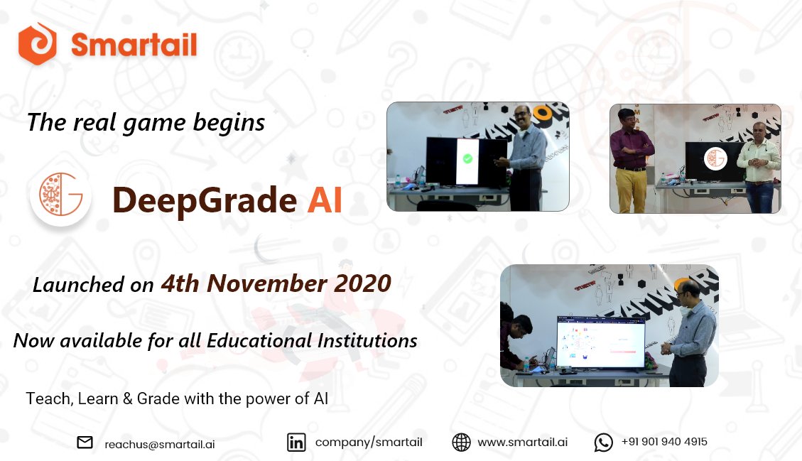 Smartail_'s tweet photo. Real game has started !!
New revolution in Education with the power of AI !!
#DeepGrade - One stop solution for #Learning & #Grading
To know more reachus@smartail.ai
#ai #teachers #education #grading #school #evaluation #higherstudies #students #edtech #teaching #learning https://t.co/ikXnIoiRjb