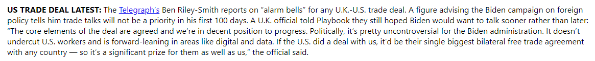 Meanwhile I think UK farmers will be very interested to learn that with regard to a potential US trade deal "the core elements are agreed" h/t playbook. US food standards being THE core element for the US yesterday, today, and tomorrow. Hmmm...