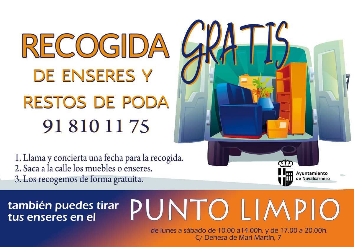 El Ayuntamiento pone a tu disposición un servicio de recogida de enseres y restos de poda a domicilio gratuito. Solo tienes que llamar al 91 810 11 75 y concertar tu cita. Recuerda que también puedes depositarlos en el Punto Limpio, de lunes a sábado, de 10 a 14 y de 17 a 20h.