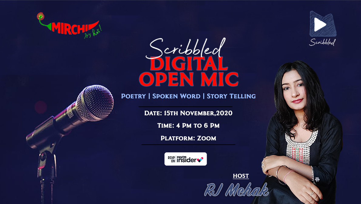mirchiplus's tweet photo. .@Scribbledmirchi brings for you a digital open mic hosted by #RJMehak!
You can book your slots on @paytminsider!
#MirchiScribbled #spokenword #openmic #insider #free #zoom #poetry #stories https://t.co/MzOnZyGPLp