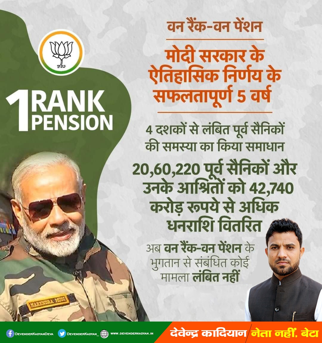 DevenderKadyan_'s tweet photo. वन रैंक - वन पेंशन
मोदी सरकार के ऐतिहासिक निर्णय के सफलतापूर्ण 5 वर्ष
4 दशकों से लंबित पूर्व सैनिकों की समस्या का किया समाधान।
20,60,220 पूर्व सैनिकों और उनके आश्रितों को 42,740 करोड़ रूपये से अधिक धनराशि वितरित। #5YearsOfOROP https://t.co/gs6ObDkhgG