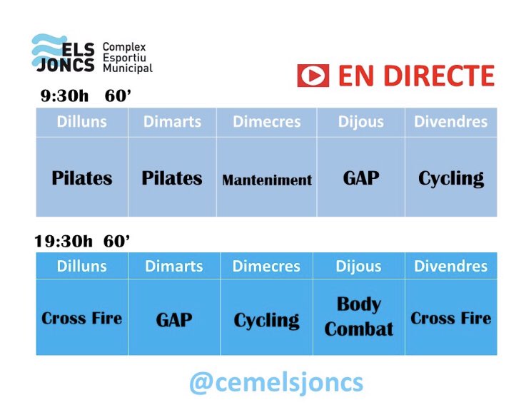 CemelsJoncs's tweet photo. Bon dia. Comencem una nova setmana d’activitats dirigides telemàtiques. Avui el CEM Els Joncs programa en directe a Instagram activitats ben diferents; a les 9,30h exercita’t i relaxa’t amb el Pilates que et porta Erika i a les 19,30h crema i activa’t amb el Cross Fire del Jordi. https://t.co/B7akv6Cp6f