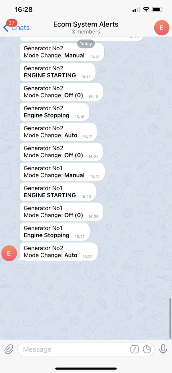 Test start on both generators yesterday went without a hitch. Call me geeky if you like, but seeing live reporting of diagnostics to <a href="/telegram/">Telegram Messenger</a> chat still impresses me every time!