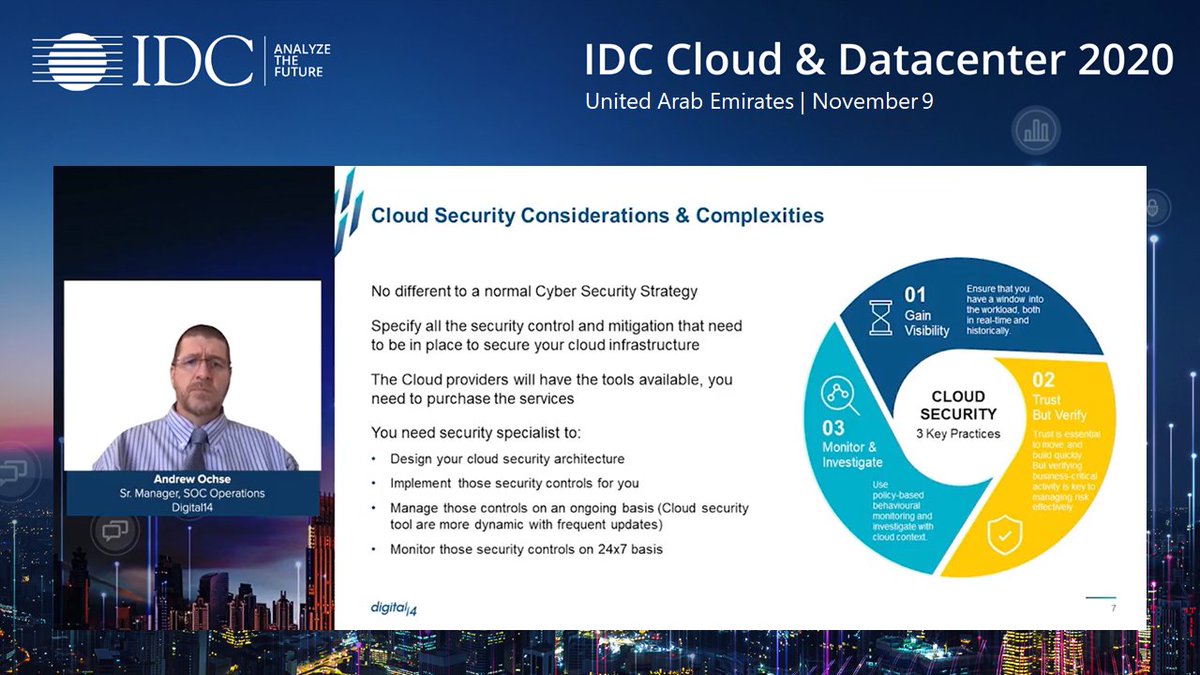IDCMEA's tweet photo. Three Key Practices for #Cloud #Security #GETVISIBILITY #TRUSTANDVERIFY #MONITORANDINVESTIGATE | Andrew Ochse, Sr Manager SOC Operations, @Digital14_UAE #IDCCLOUDDC #UAE #IDCDigital https://t.co/nmd46eR327