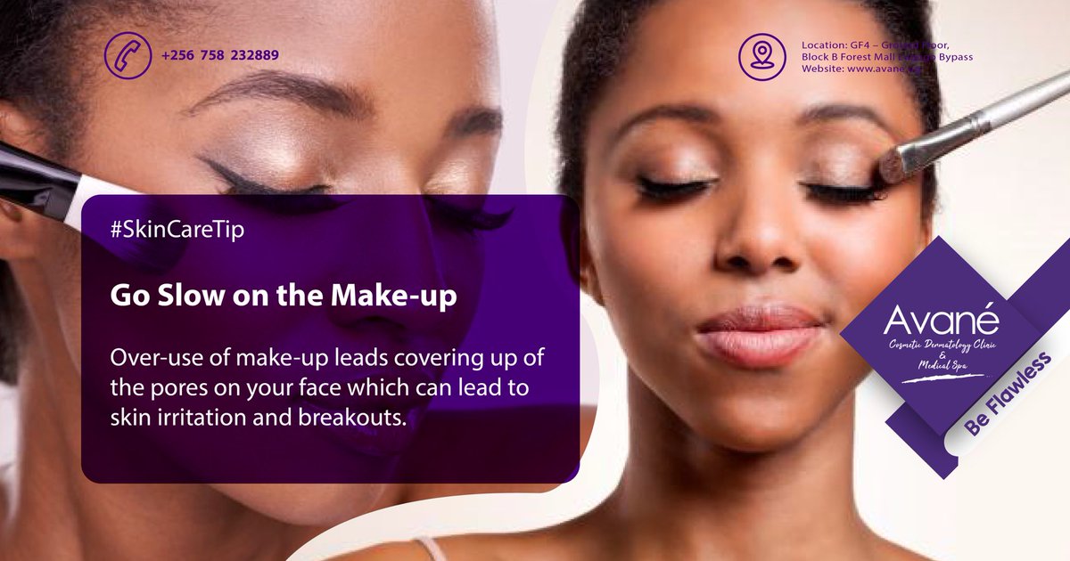 #SkinCareTip #MondayTip

Over-covering of your skin with makeup 💄 could lead to irritation & breakouts. Go slow on the use of makeup.

Visit avane.ug for more skincare info.

#BeFlawless #MondayMotivation #mondaythoughts #SkincareTip #AvaneUganda