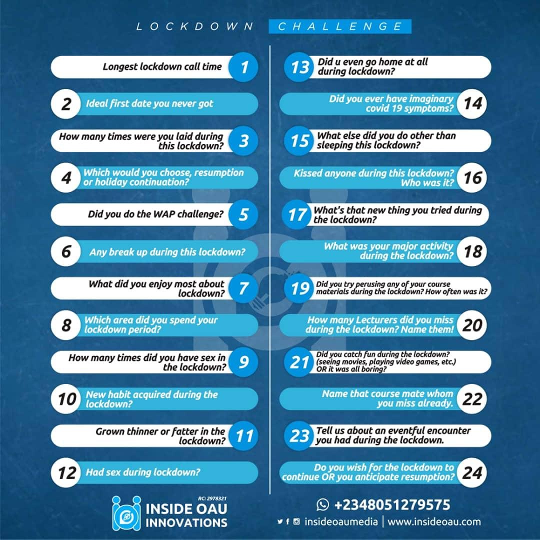 It's the lock down challenge!
Day 12 is a mystery 🤧 join dis challenge Biko and let's av some fun 💃💃💃 
follow @InsideoauMedia  for more Amazing Post. We keep you updated!
#VALRMA #Fajr #WeAreIOI #EndSarsProtests Happy New Week | God is the Greatest | Liverpool 7 - 2 | ASUU