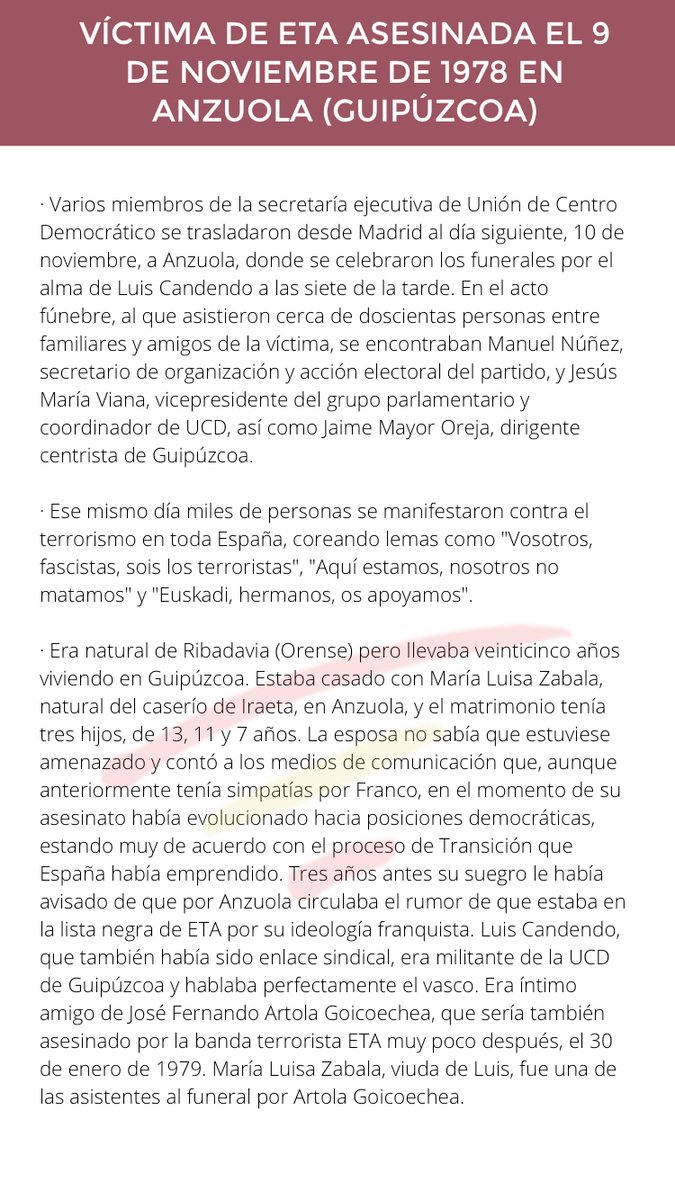 🔴Tal día como hoy en 1978 Eta asesinó a tiros en Anzuola (Guipúzcoa) al trabajador de Altos Hornos de Vergara y militante de Unión de Centro Democrático (UCD) de Guipúzcoa, LUIS CANDENDO PÉREZ. Ocho balas, disparadas a bocajarro, acabaron con la vida ow.ly/xp9V50Cf3Og