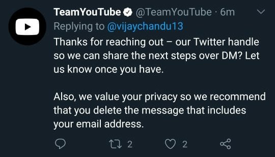 vijaychandu13's tweet photo. @TeamYouTube @GoogleIndia @YouTube 
@YouTubeIndia  kindly waiting for DM for next steps to recover my YouTube channel which got hacked today https://t.co/g3doRZSQIS