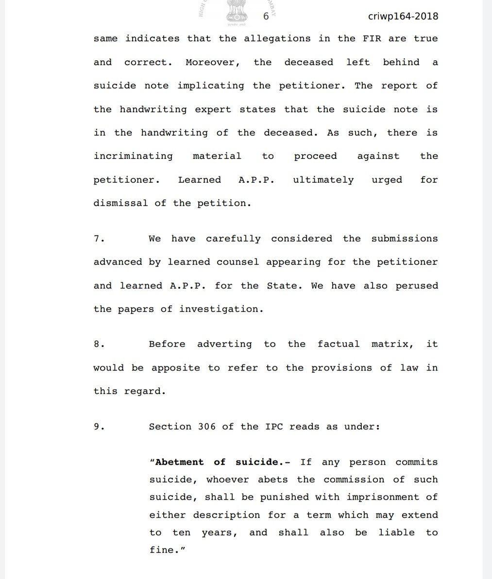 The hon'ble high court had observed that for abetment to suicide it is necessary that the provisions given u/s 107 of the IPC are met ! #IndiaWithArnab