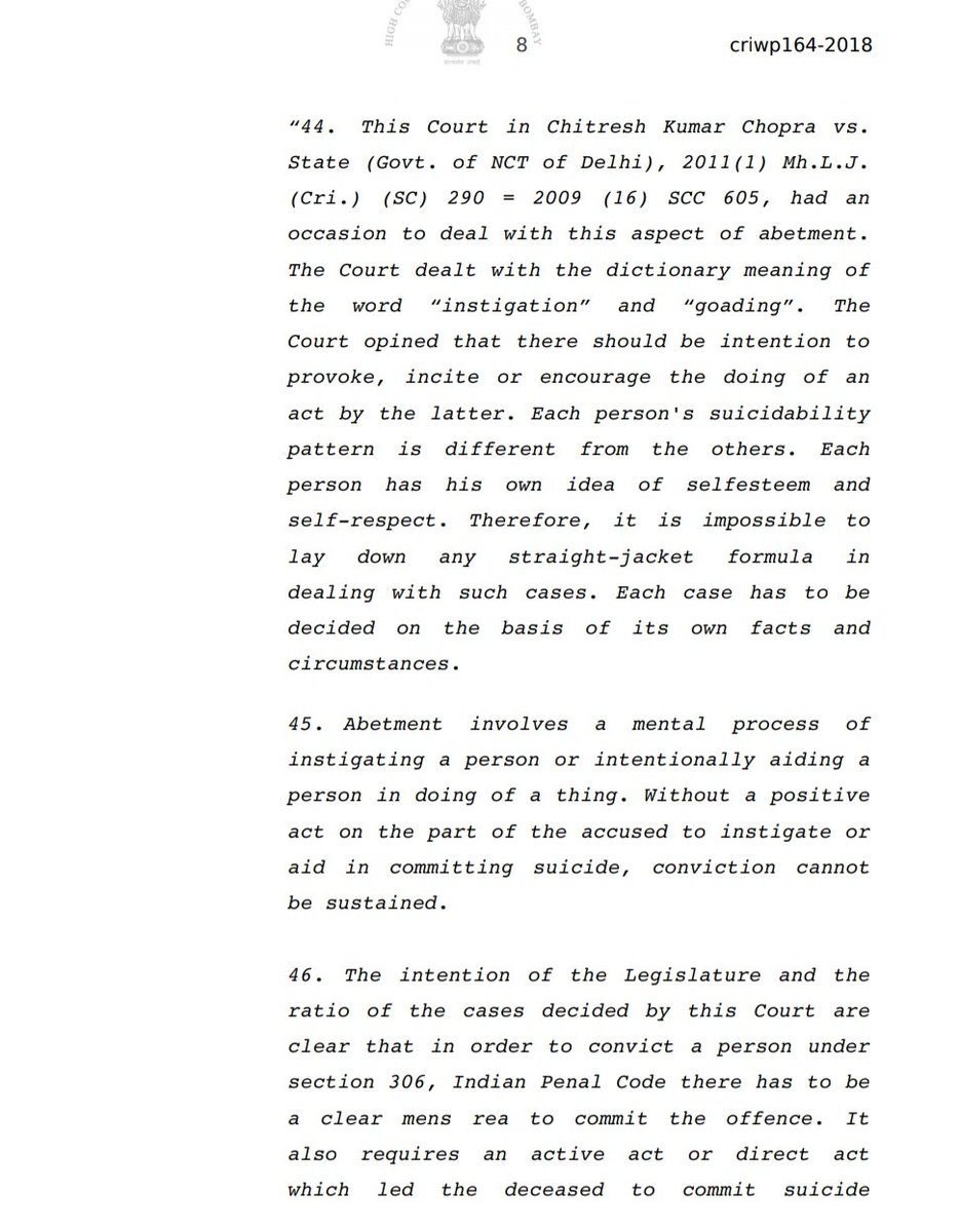 The hon'ble high court had observed that for abetment to suicide it is necessary that the provisions given u/s 107 of the IPC are met ! #IndiaWithArnab