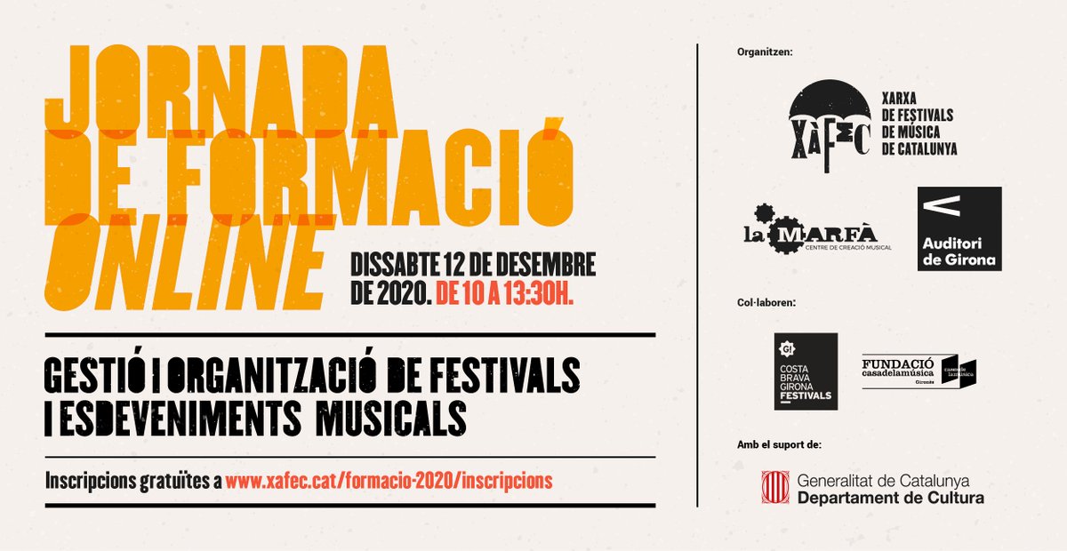 Jornada online sobre gestió i organització de festivals i esdeveniments musicals - dia 12 de desembre - Inscripcions gratuïtes: bit.ly/2GGLRam
Organitza Associació <a href="/Xafec_cat/">Xàfec</a> i <a href="/LaMarfamusica/">La Marfà</a>