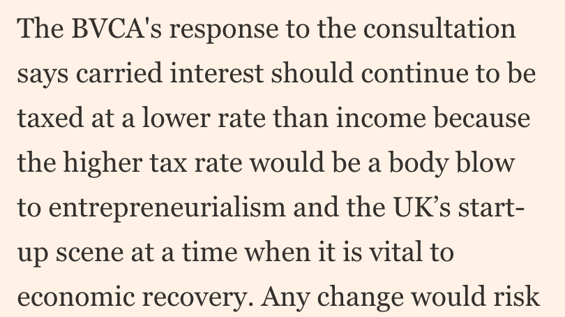 Lobby constantly to keep the gravy train running. Majority of PE riches come from buying healthy business with good cashflows then siphoning wealth out -- but they fund think tanks + schmooze journos to say it's all 'entrepreneurial' + about funding startups, unicorns etc