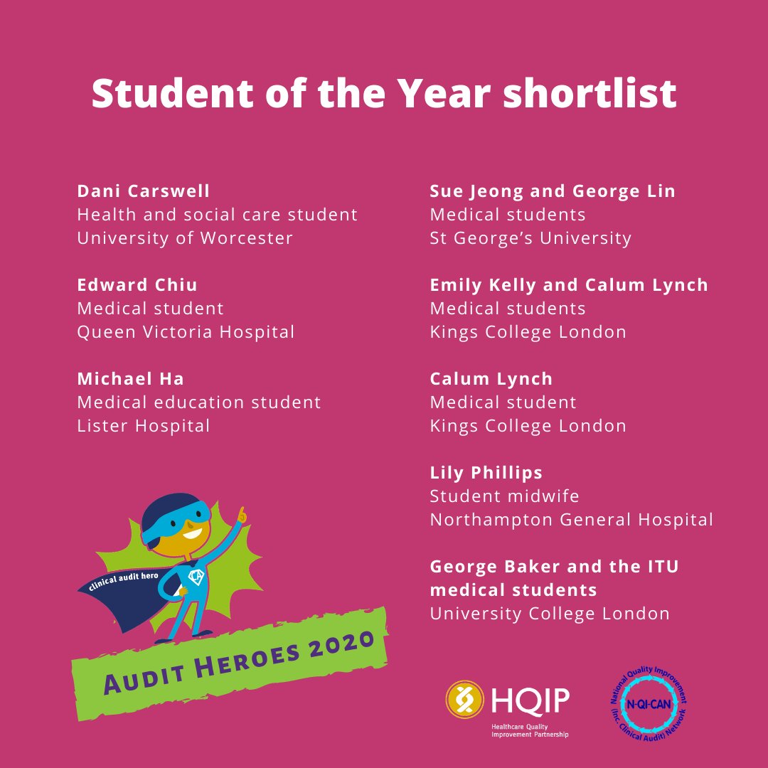 HQIP's tweet photo. The shortlist for the Student of the Year award (part 1)

👏 Dani Carswell, @worcester_uni

👏 Edward Chiu, @qvh 

👏 Michael Ha, @enherts

 #AuditHeroes #CAAW20 https://t.co/nQsBMvLcIi