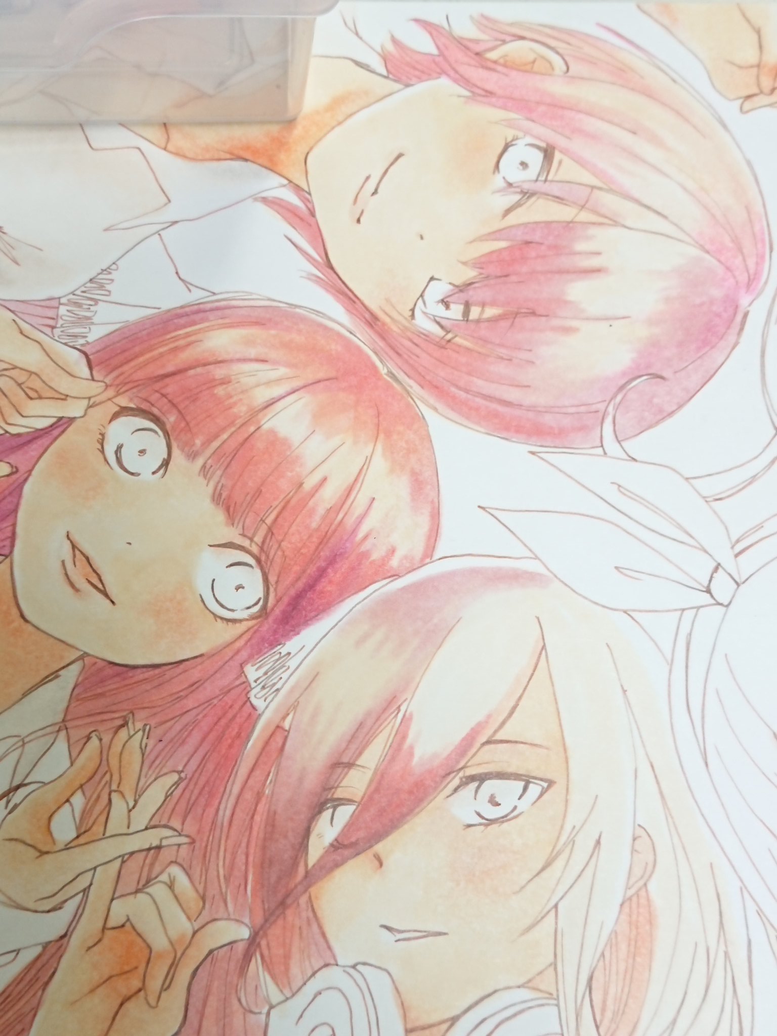 Moonhill ママさんオタクで模写 髪色が難しすぎる 二乃はピンク強めに 三玖は茶色がかった感じに 四葉はオレンジ属性強めで 五月は赤強め 一花は紫がかったピンクのイメージ 難しいよお 髪多いし 五等分の花嫁 イラスト コピック コピックイラスト
