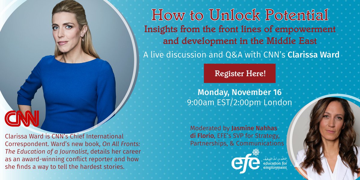 "’How to Unlock Potential’’. Save-the-date for a live discussion with <a href="/clarissaward/">Clarissa Ward</a>, <a href="/CNN/">CNN</a>'s Chief International Correspondent &amp; award-winning journalist. This event is part of EFE’s #ResilienceSeries.
Join us on November 16 at 4 PM Jerusalem Time
us02web.zoom.us/webinar/regist…