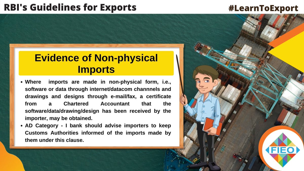 FieoHq's tweet photo. What are the RBI's Guidelines for Evidence of Non-physical imports?

#LearnToExport #ExportLiteracy #RBI #Finance #Exports #BillOfEntry #Bills #Imports #Bank #Payments #Goods #Services https://t.co/Vx2wDDEVPO