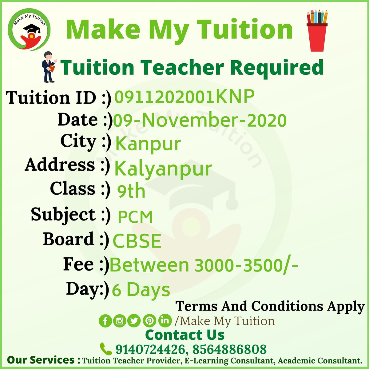 Make My Tuition Tuition Teacher Job Available In Kanpur For More Information Please Visit T Co 4fdpuok2da Or Contact Us Hometuition Tuitionteacher Elearningtips Hometutor Teacher Cbse Icse Isc