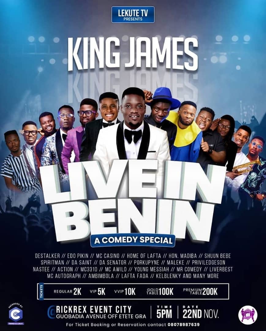RickRexEvents's tweet photo. We are pleased to announce that @Kingjamescfr2 #LiveinBenin would be holding at our prestigious Event Facility on the 22nd of November 2020 by 5pm featuring top Nigerian Comedians. Don't miss it. Tickets are already on sale. Check flier for more details.

#RickRexEvents https://t.co/XKWlWf5Vgi